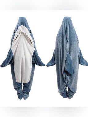 Kids Shark Plush Onesie Costume in Blue and White